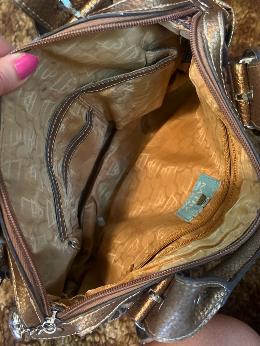 Vintage rare y2k Kathy Van Zeeland Brown Patterned Shoulder Bag with Gold Trim - Picture 3 of 5